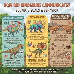 Infographic illustrating how dinosaurs communicated through sound, visual displays, and physical behavior, featuring examples like Parasaurolophus and Triceratops.