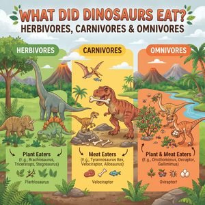 Infographic illustrating what did dinosaurs eat, breaking down herbivores, carnivores, and omnivores with examples like Brachiosaurus, T-Rex, and Oviraptor.