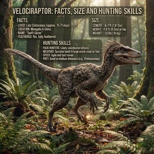 Infographic detailing Velociraptor facts, size dimensions, and hunting skills featuring a realistic feathered dinosaur in a forest habitat[cite