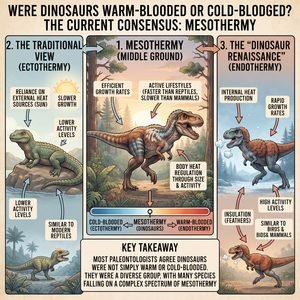 Infographic comparing dinosaur metabolism theories: cold-blooded ectothermy, warm-blooded endothermy, and the modern scientific consensus of mesothermy
