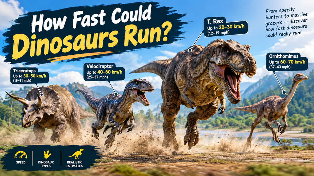 Different dinosaurs running across a prehistoric landscape, including T. rex, Velociraptor, Triceratops, and Ornithomimus, with estimated running speeds.
