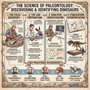 Infographic detailing the paleontology process of discovering and identifying dinosaurs, from field excavation and lab preparation to anatomical analysis and museum reconstruction.